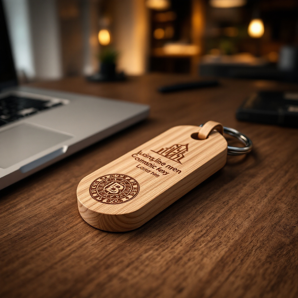 Drewniany brelok z grawerem, idealny na prezent dla bliskiej osoby. Personalizacja imienia lub specjalnej wiadomości czyni go unikalnym dodatkiem