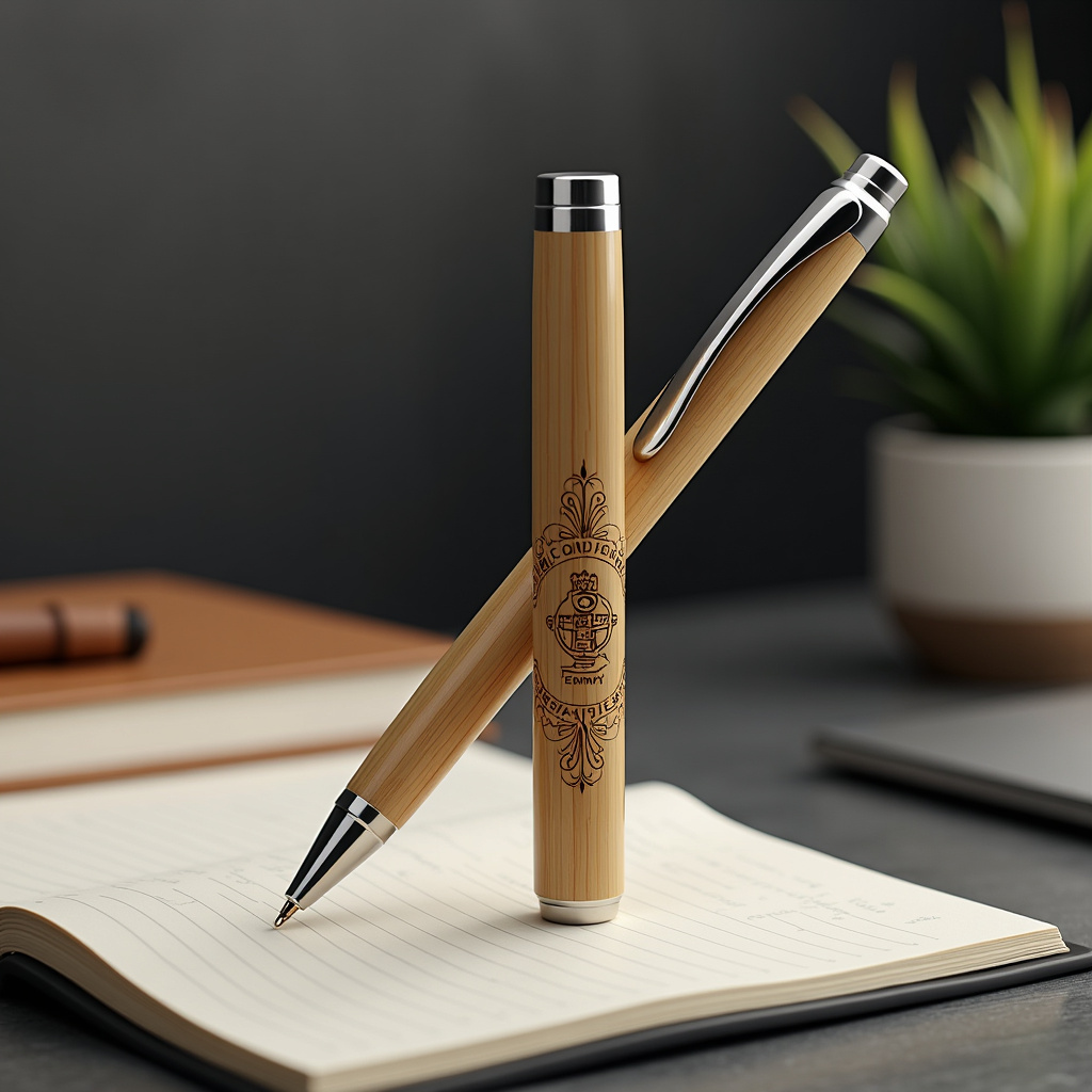 Długopis z grawerem na drewnianej powierzchni - stylowy gadżet